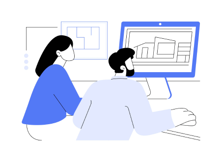 パソコンモニターを見ている男女