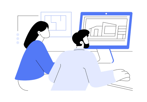 パソコンモニターを見ている男女